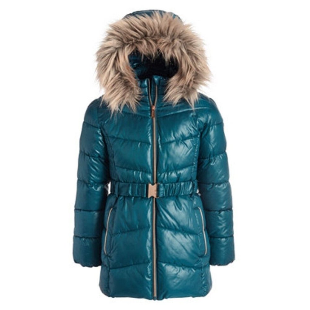 Michael Kors Girls Youth Puffer Coat Jacket Size 14 Hooded Dark Green Faux Fur